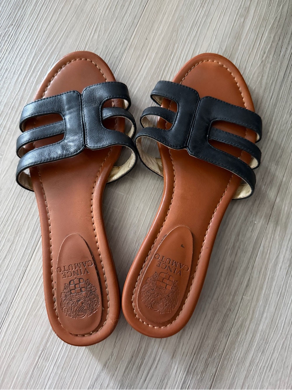 Vince Camuto Black and Brown Double-Strap Slide Sandals